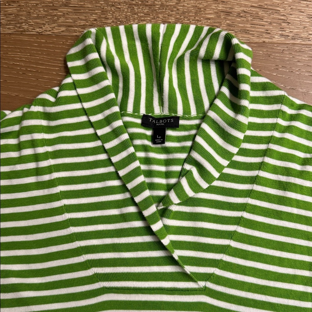 Talbots Petites Green & White Striped Shawl Collar Sweater Size LP - Picture 4 of 5